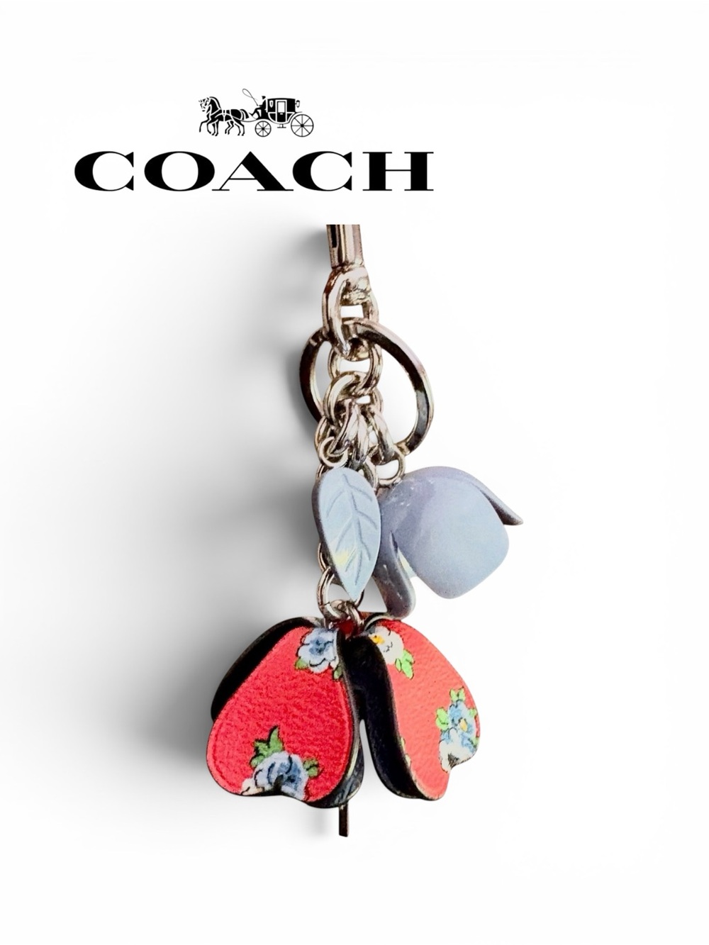 Coach Tea Rose Floral Resin Coated Canvas Bag Charm F58517 Blue Red NWOT - Picture 2 of 10